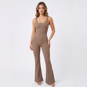 ANWND Seamless Ribbed Flare Jumpsuit - Tan/Cocoa